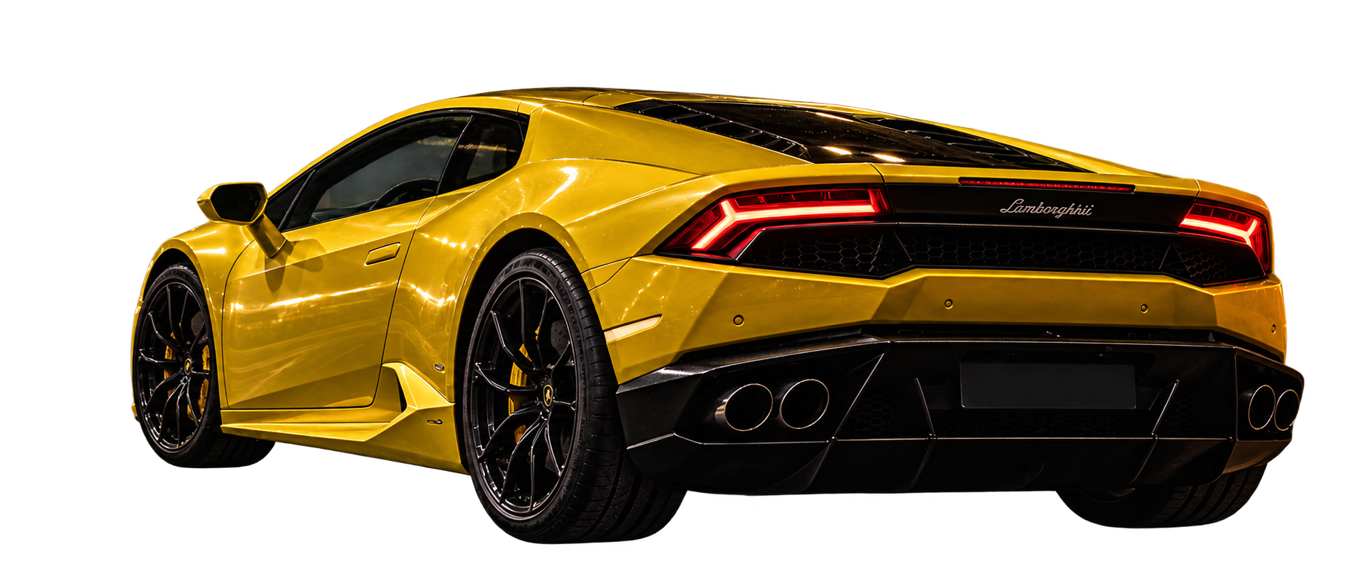 Yellow Lamborghini, rear three-quarter view
